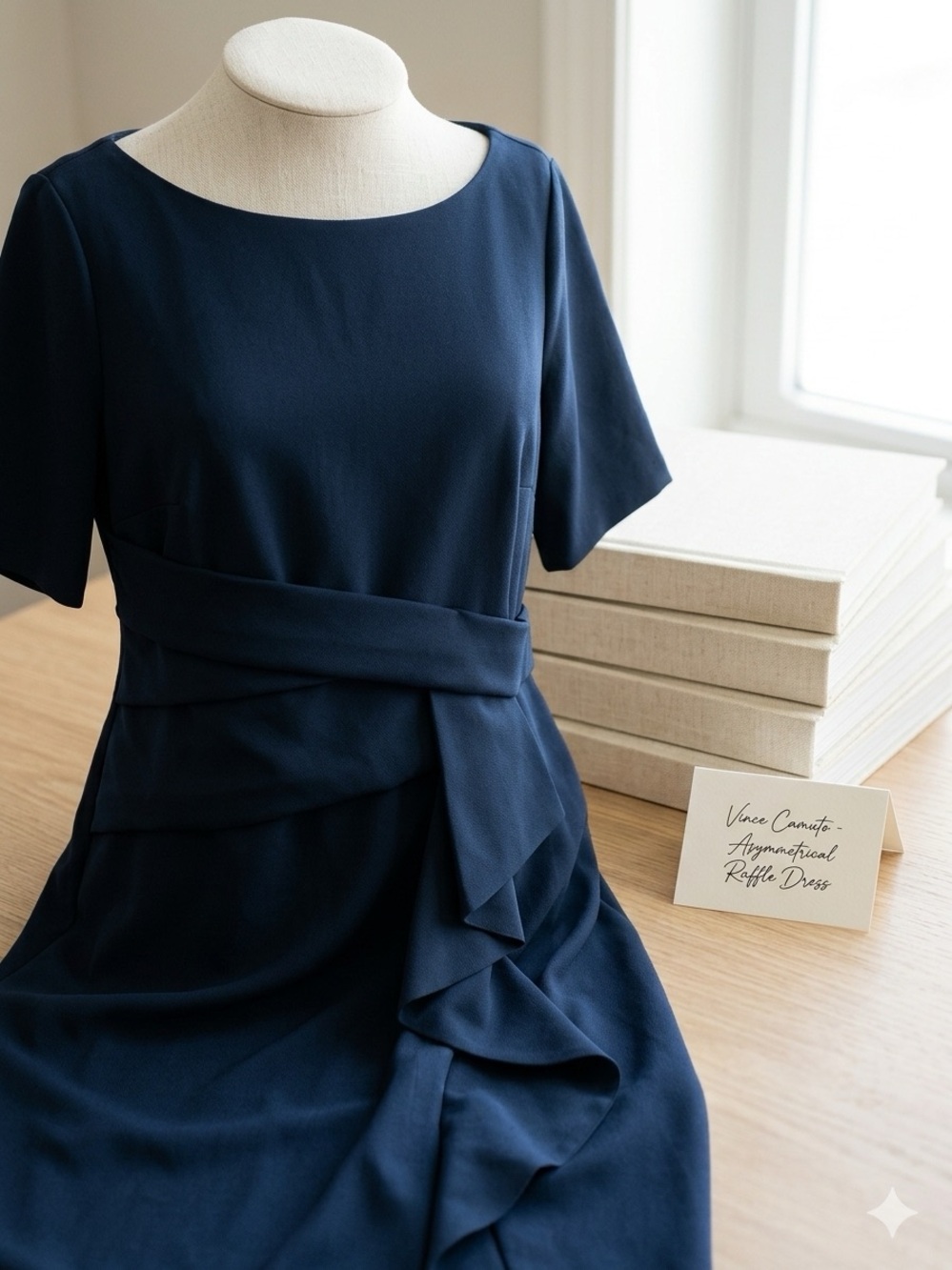 Vince Camuto Navy Asymmetrical Ruffle Midi Dress